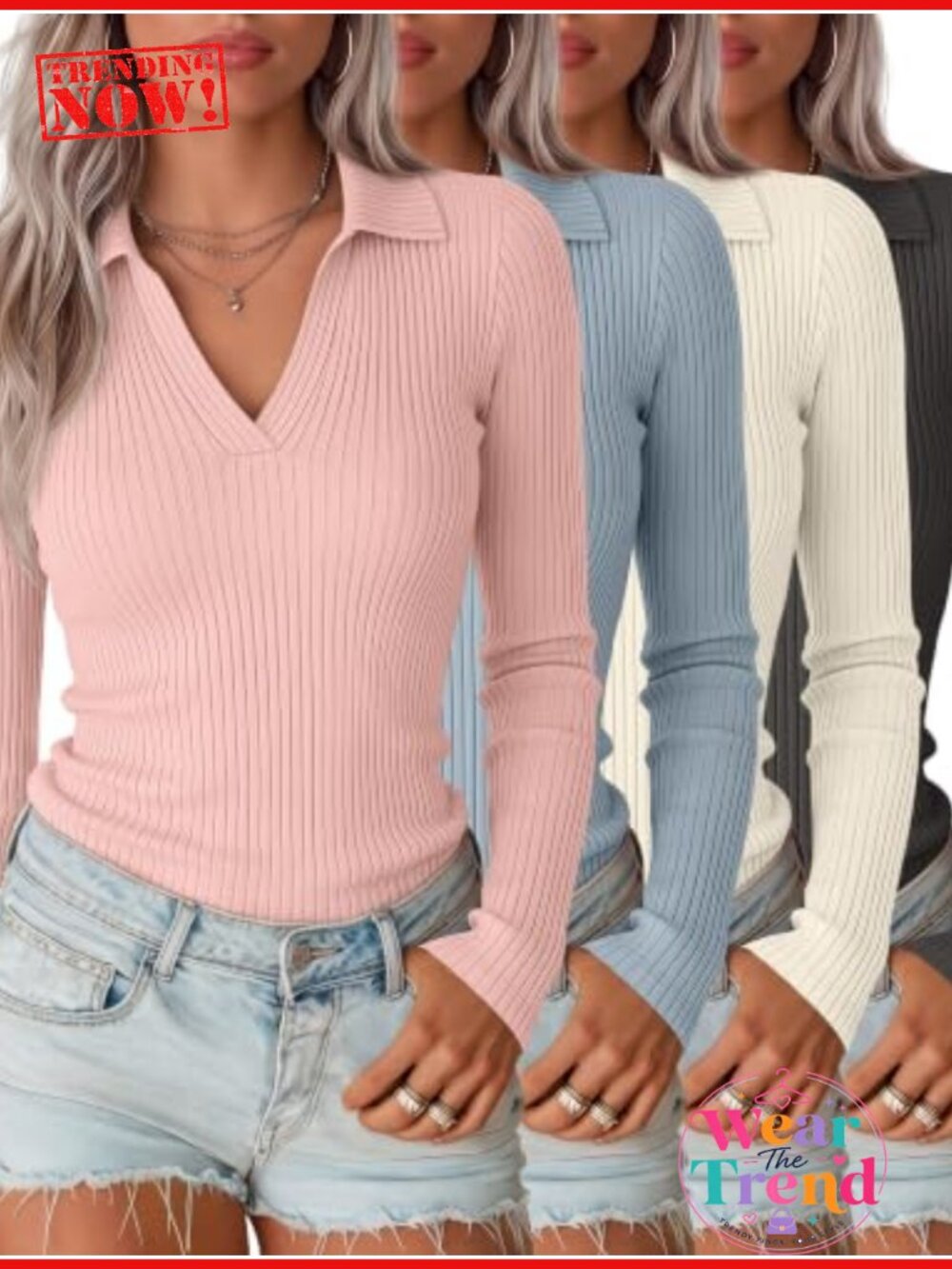 4 Pack Women's Long Sleeve Polo Shirts Ribbed Knit V-Neck Collared